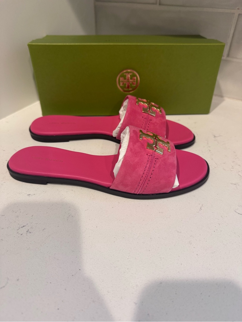 Tory Burch Pink Suede Everly Slide Sandals